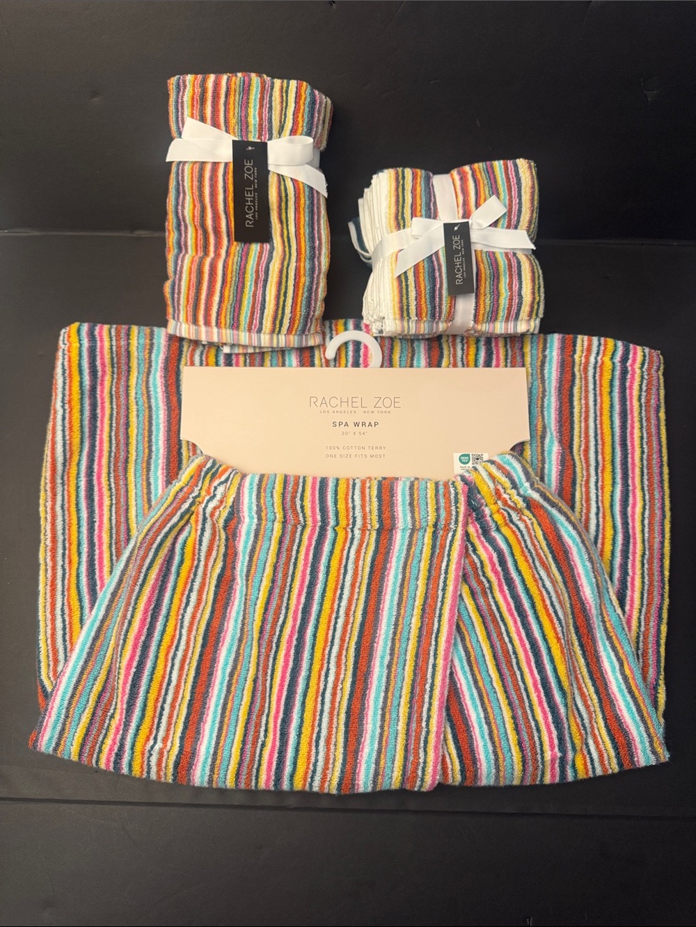 8pc RACHEL ZOE Rainbow Stripe Coordinating Bath Towel Set- SpaWrap/Hand/Wash